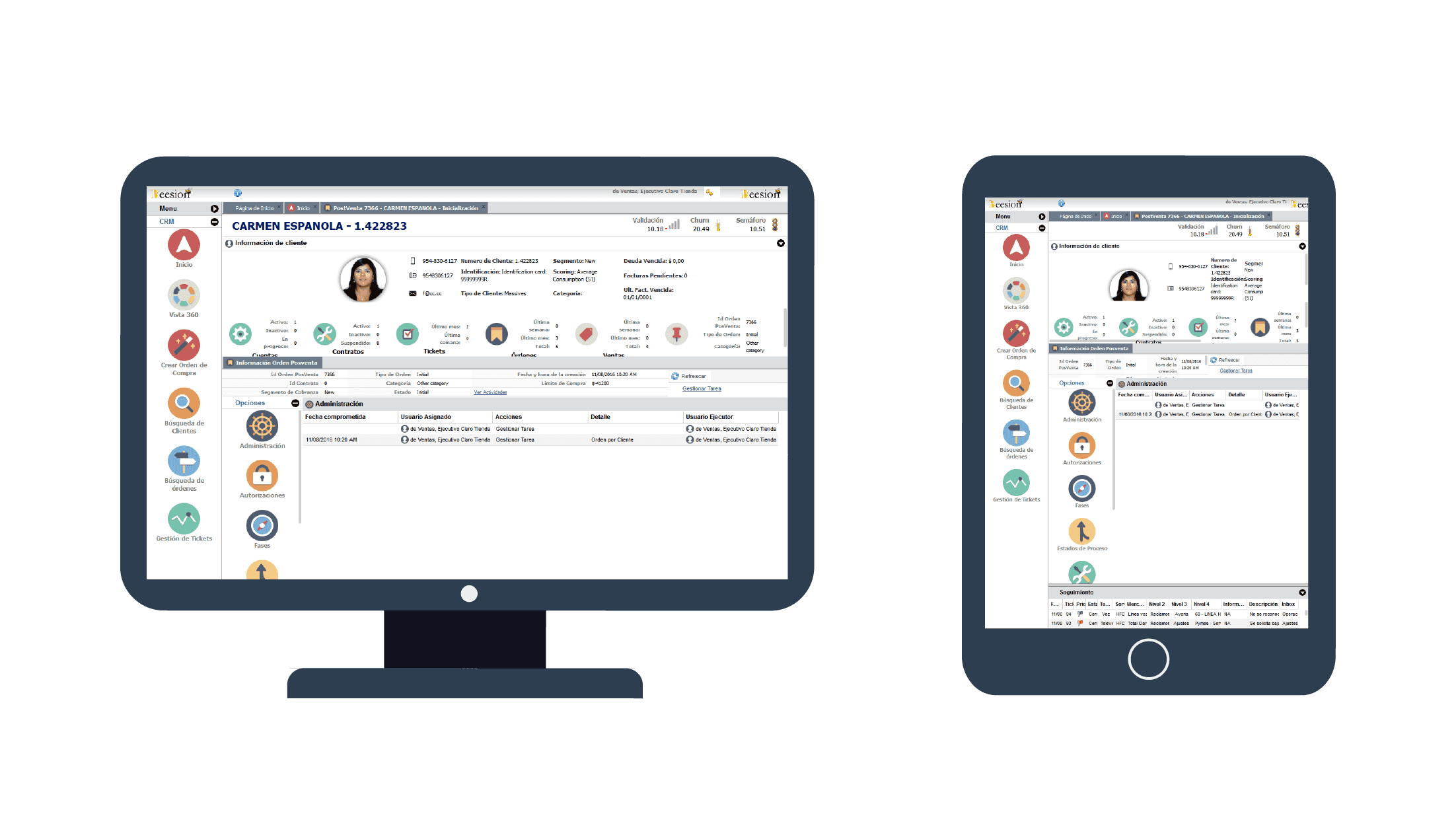 A screen shot from Beesion's Telecom CRM solution with a 360° customer view